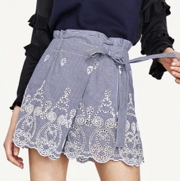 Zara Woman Blue and White Gingham Embroidery Lace Trim Skorts Short Skirt XS - Picture 3 of 9